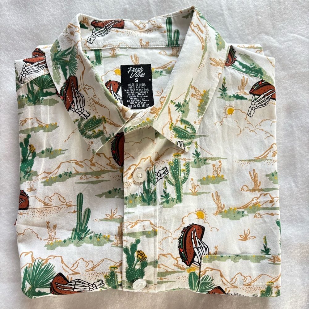 Fresh Vibes Men’s Shirt Size S – Taco Desert Cactus Print – 100% Cotton